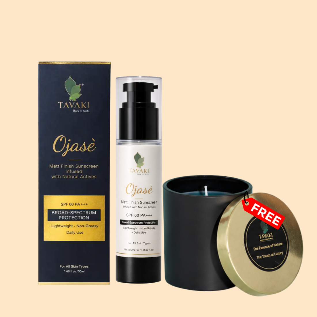 Tavaki Ojase Matt Finish Sunscreen SPF 60 PA+++ with free scented candle offer